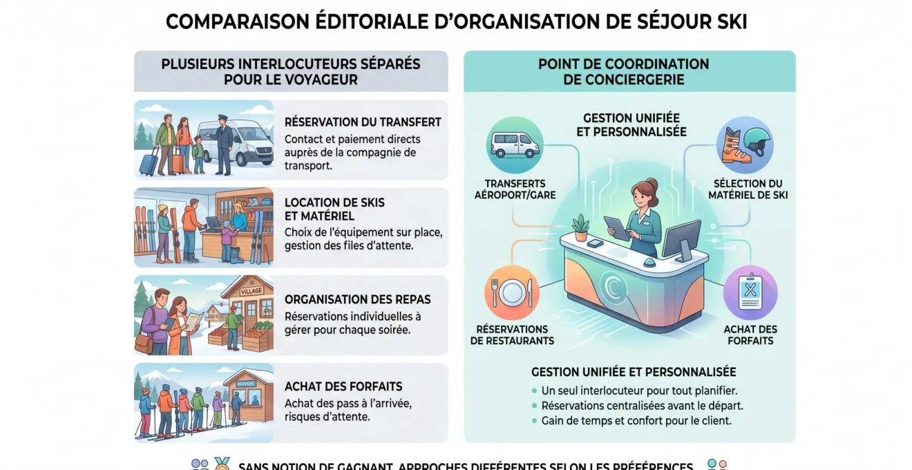 Comparaison visuelle entre réservations séparées et coordination par une conciergerie à Courchevel