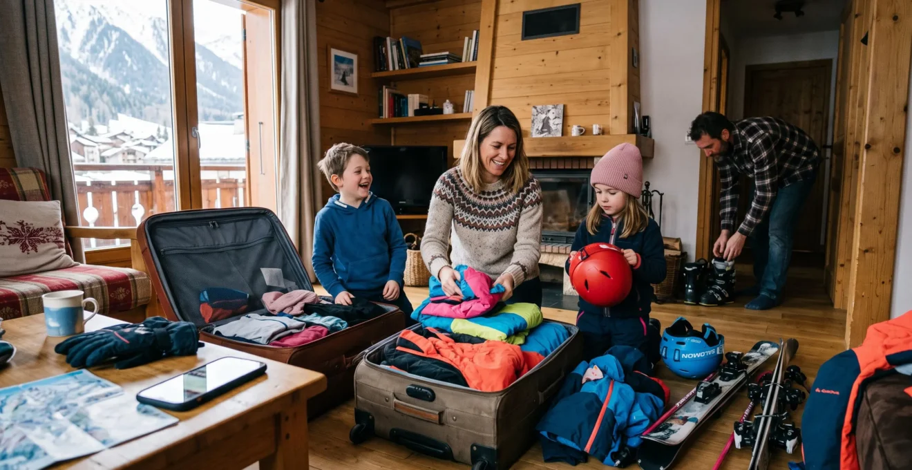 Famille préparant un séjour au ski à Courchevel avec valises et équipement